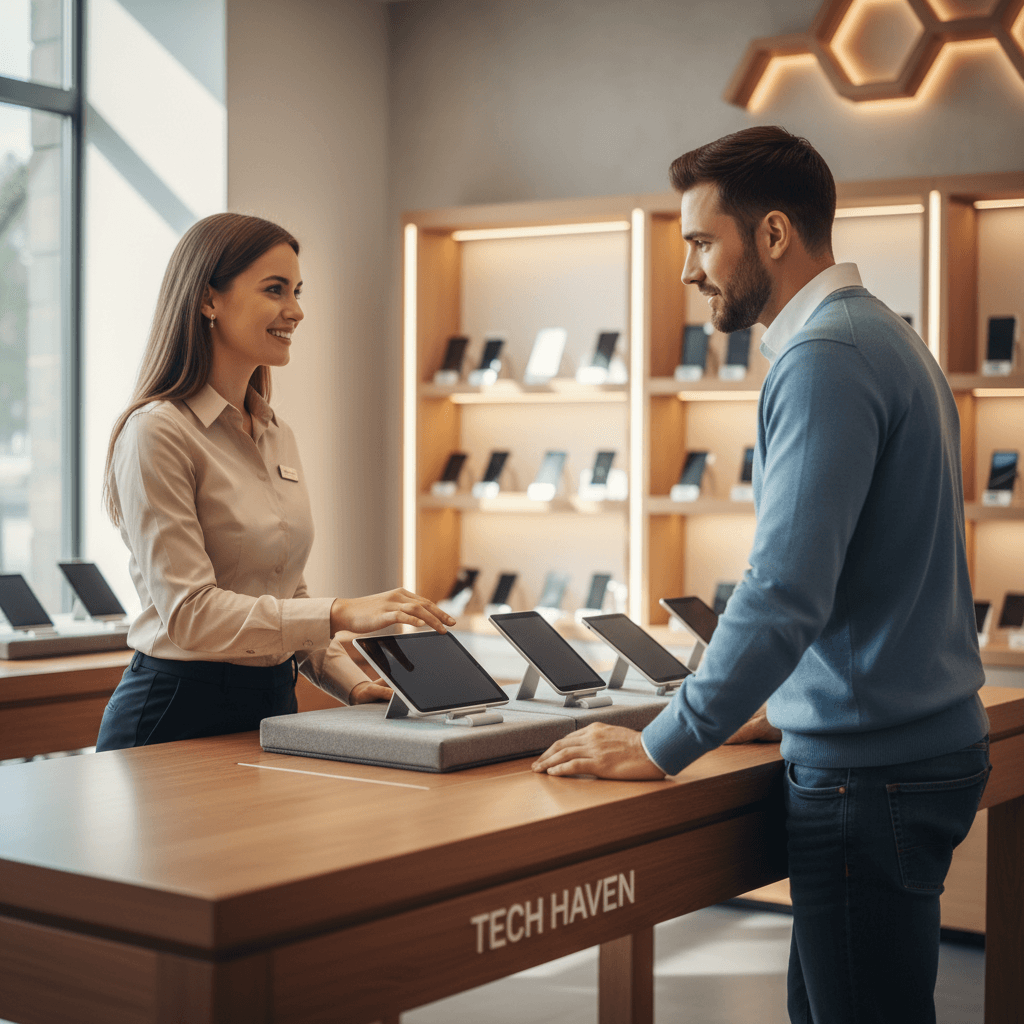 Customer and store associate discussing phone options