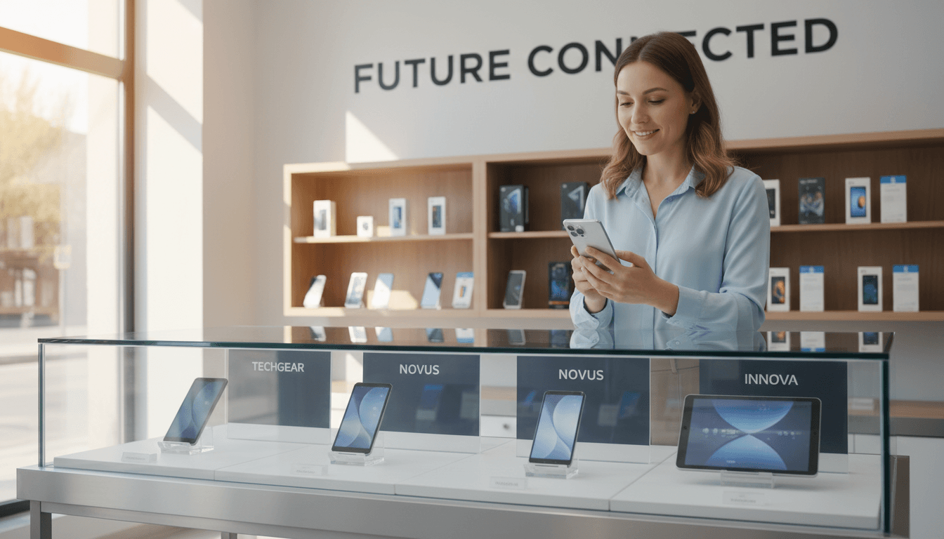 Modern mobile technology store with smartphones, tablets, and a customer browsing devices in Fillmore
