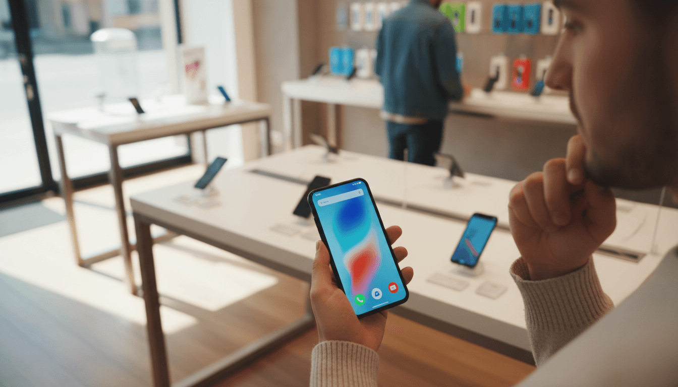 Customer examining a smartphone in Instante Voice store