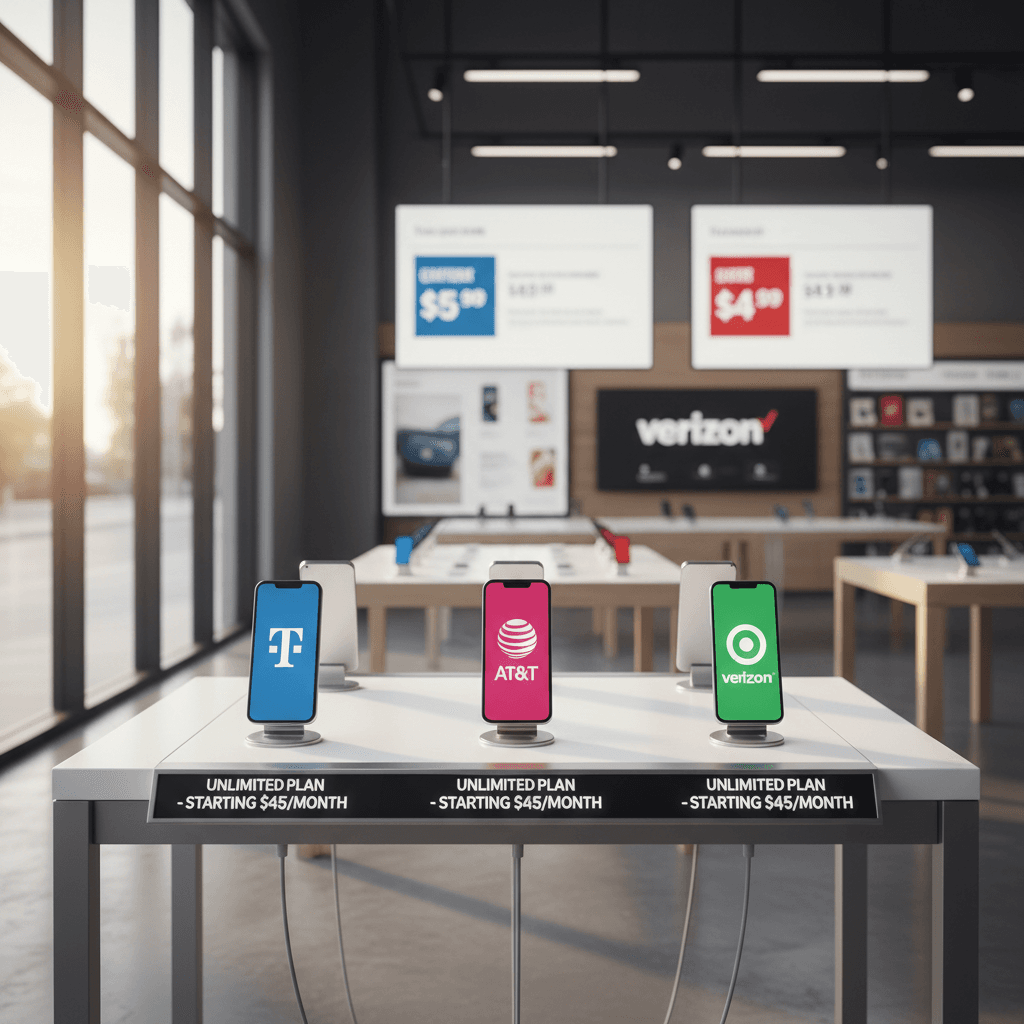 Multiple smartphone plans and carrier options displayed in store