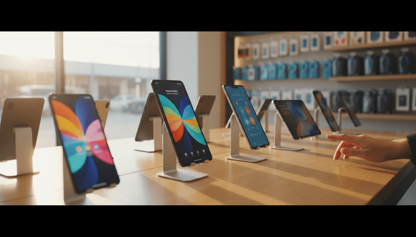 Latest smartphones and tablets displayed on modern retail stands with natural lighting