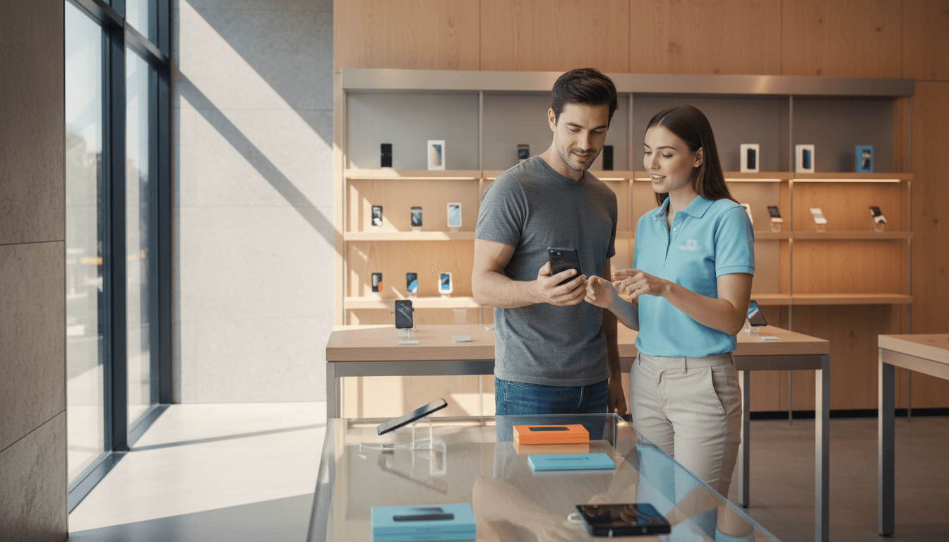 Customer comparing cellphone plans with sales associate at Instante Voice in Fillmore